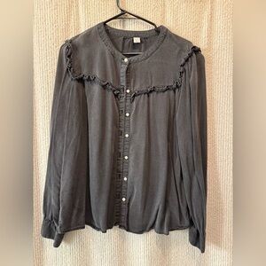 Gray Ruffle Button-Up Blouse